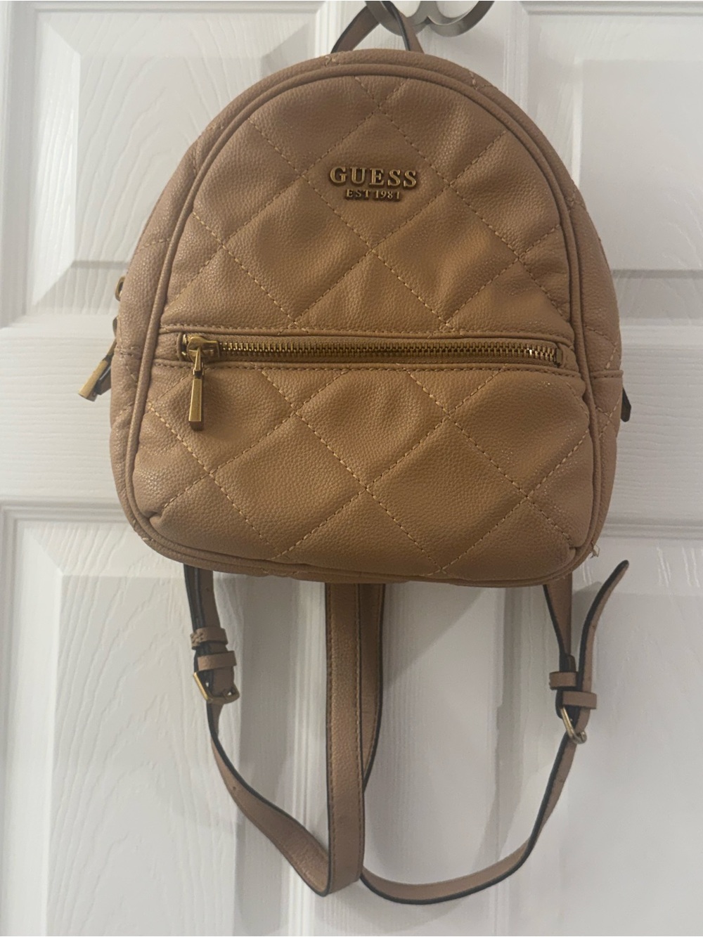 GUESS Abey Quilted Faux Leather Mini Backpack Camel Beige